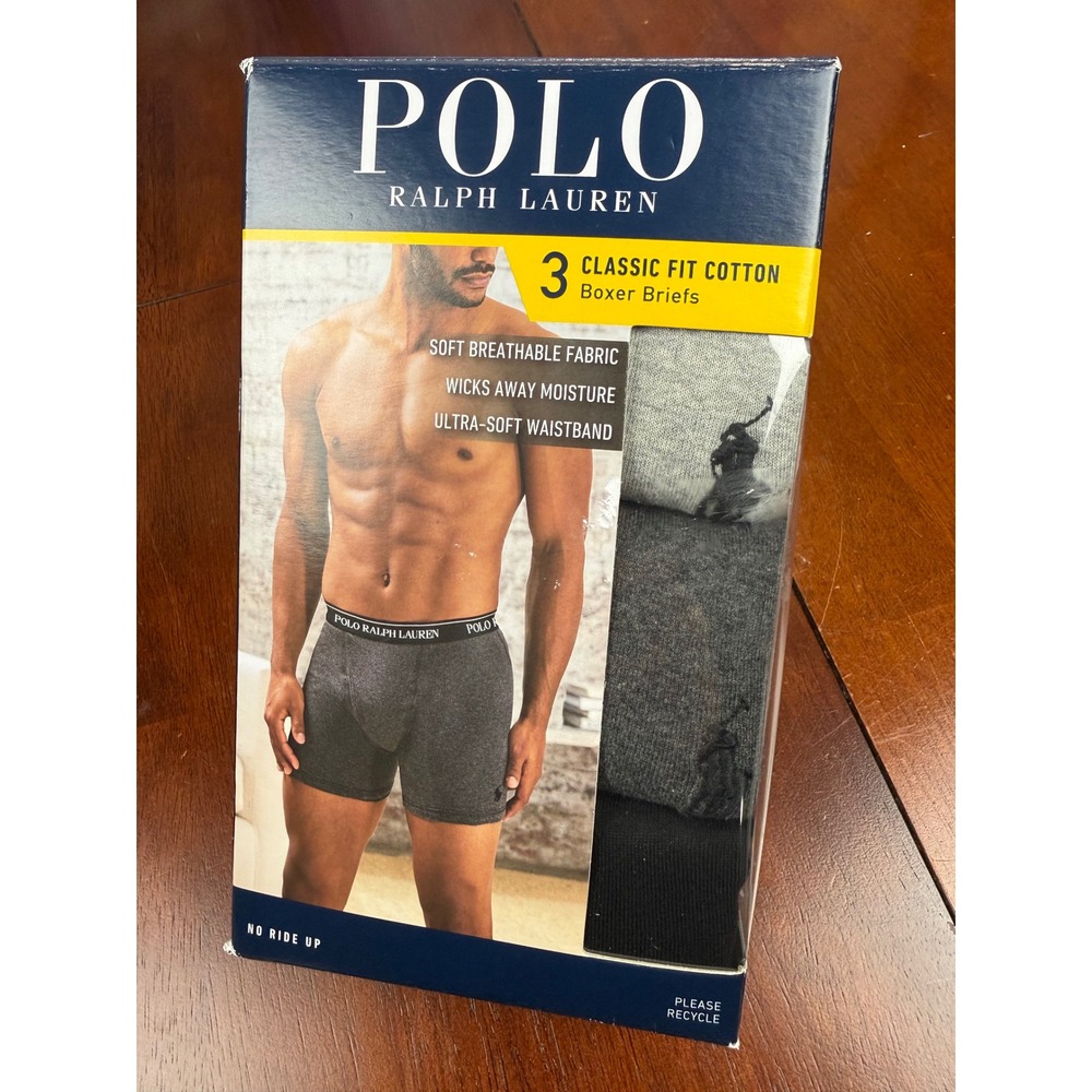 Polo Ralph Lauren Mens 3 Pack Classic Fit Cotton Boxer Briefs Grey Black Medium